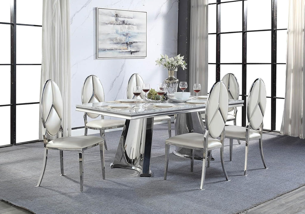 Acme Destry Dining Table Faux Marble Top Mirrored Silver N3023