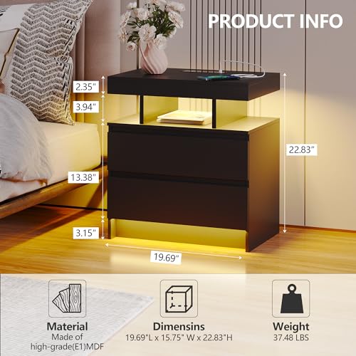 dnbss Nightstand with Wireless Charging Station, LED Lighting & Drawers, Black P995