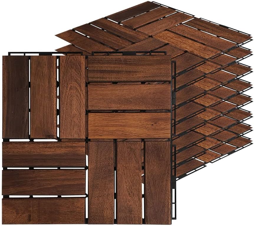 Acacia Hardwood Interlocking Deck Tiles - Walnut Grid - 12"×12" 9pcs - Floor Tiles for Patio and Deck Use Natural Wood Outdoor Decking and Flooring, Rain and Weather Resistant, Heavy Duty
