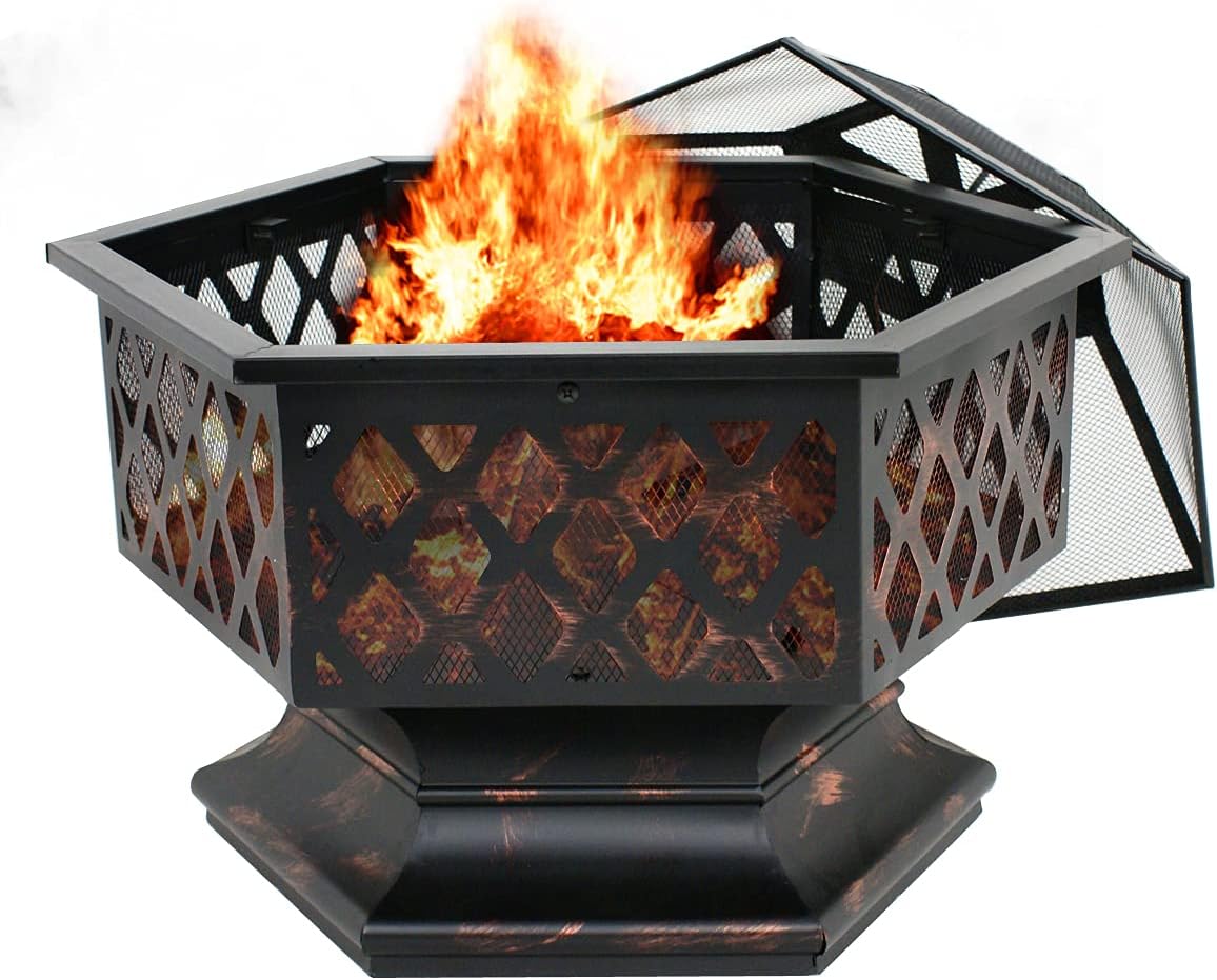 ZENY 24" Outdoor Fire Pit Wood Burning Firepits Steel Firepit Bowl Hex Shaped Home Outside Backyard Fireplace Bonfire Campfire w/Fire Pit Screen