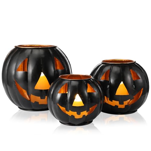 3 Sets Halloween Metal Jack O Lanterns with LED Candles and Black Cloth Decor X7670