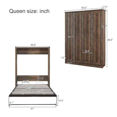 Wood Murphy Bed Cabinet Space-Saving Wall Bed for Apartments and Home Office R16535