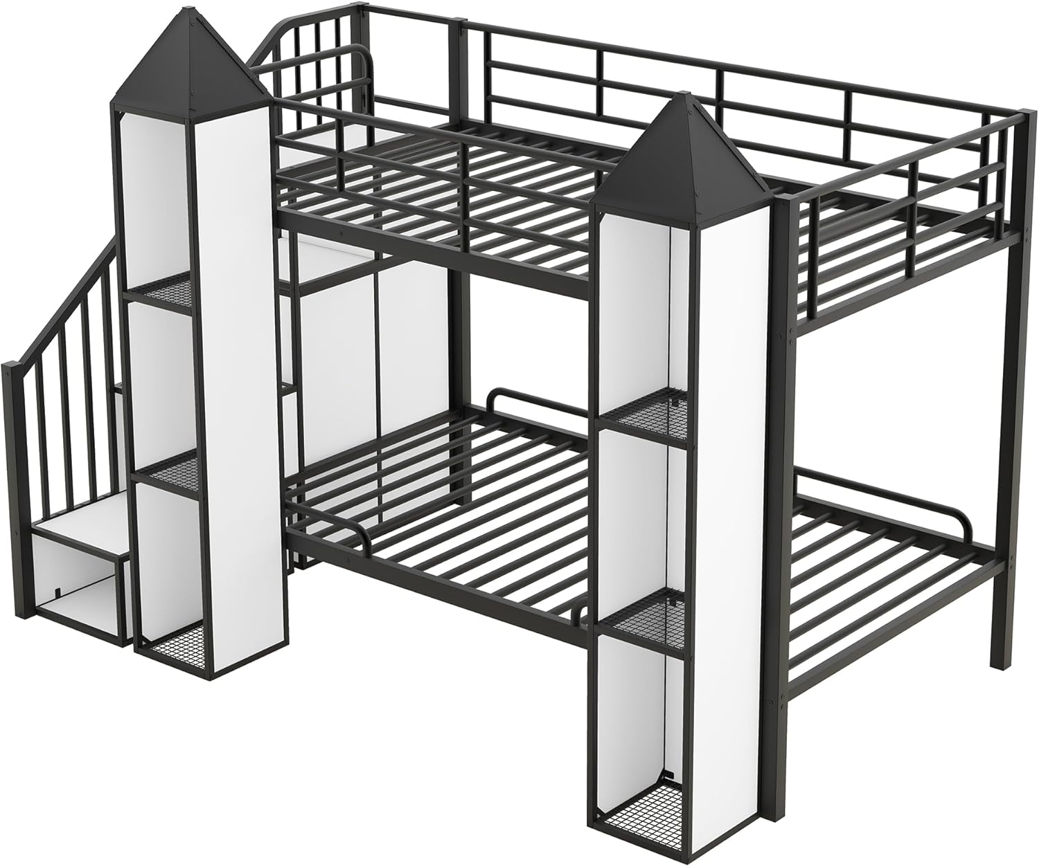 Twin Over Twin Castle Bunk Bed with Stairs and Storage, Black+White F337