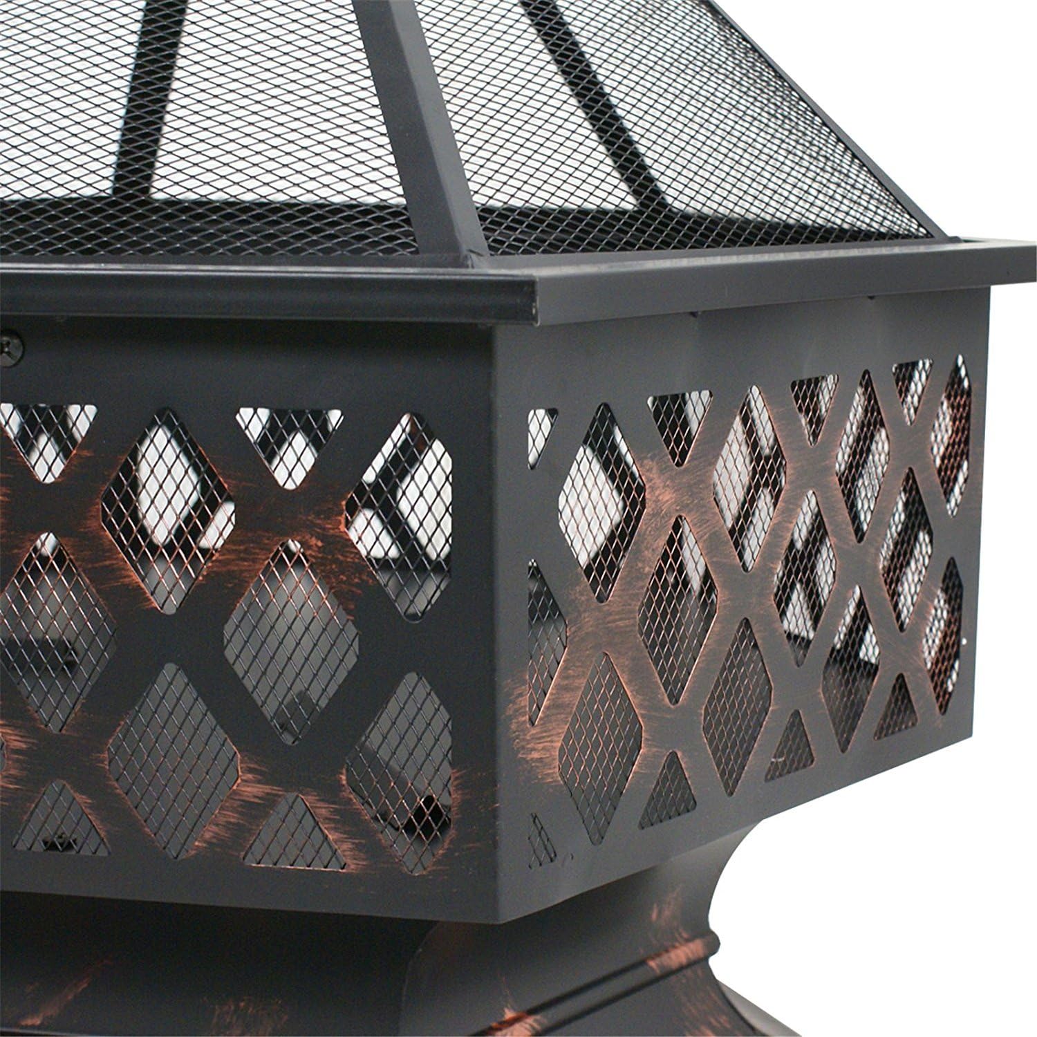 ZENY 24" Outdoor Fire Pit Wood Burning Steel Hex Bowl with Screen I10474