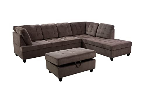 Corduroy L-Shaped Sectional Sofa with Ottoman, Brown E8673