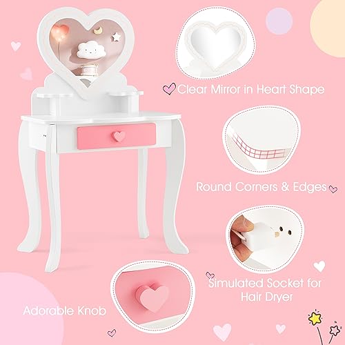 Costzon Kids Vanity Set 2 in 1 Princess Makeup Dressing Table & Chair with Detachable Tri-fold Mirror, White M683