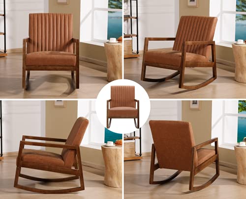 CIMOTA Leather Modern Rocking Chair Mid Century Upholstered Armchair Dark Brown N4300