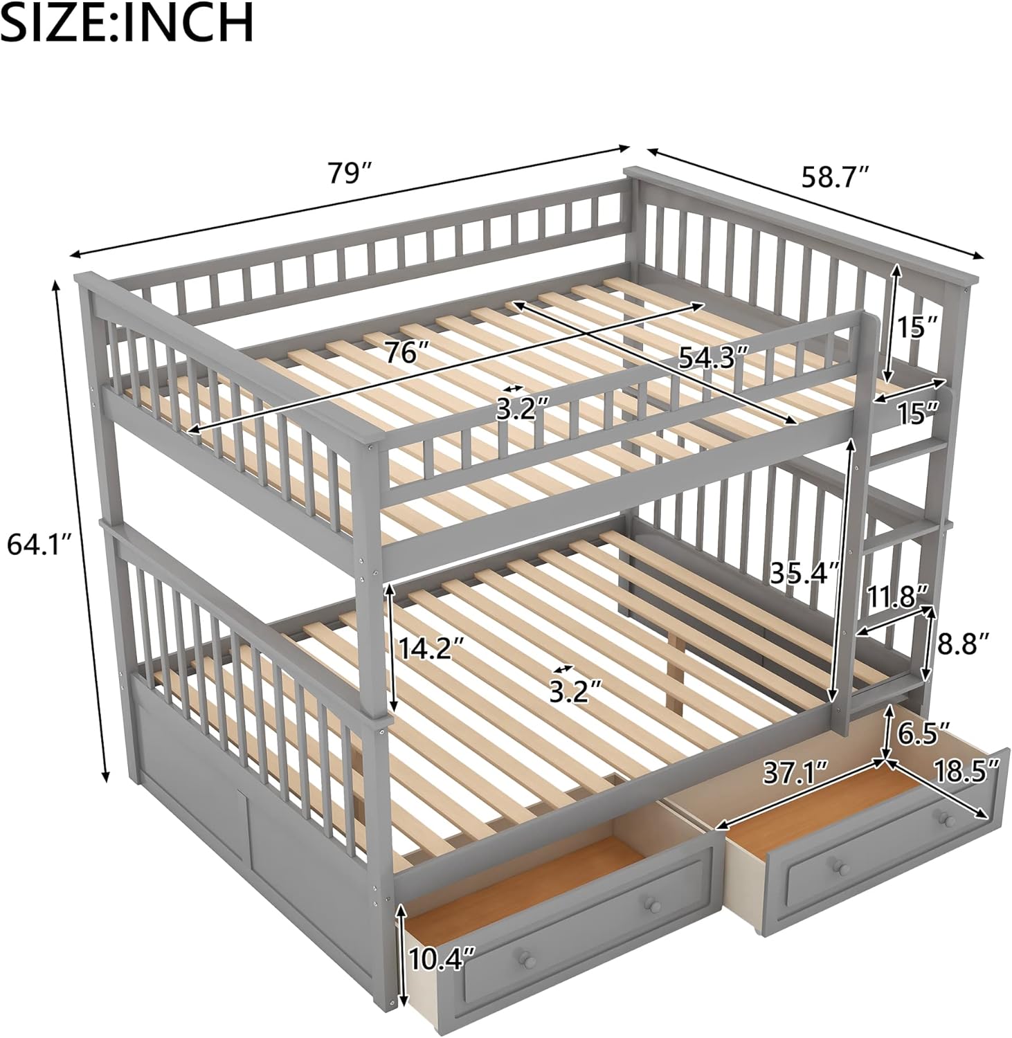 Full Over Full Bunk Bed with Drawers, Gray M976644