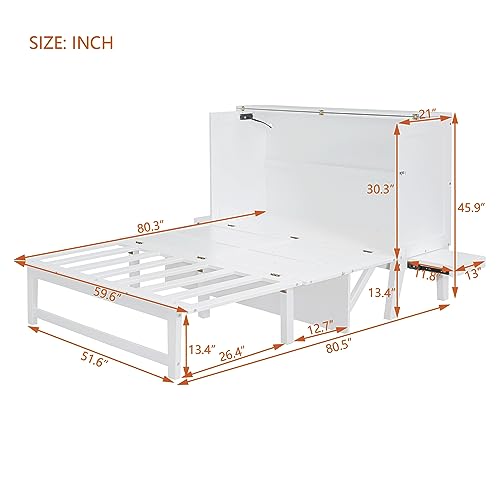 Queen Size Murphy Bed with Bookcase, Foldable Wood Frame with Storage Drawer, White D94283