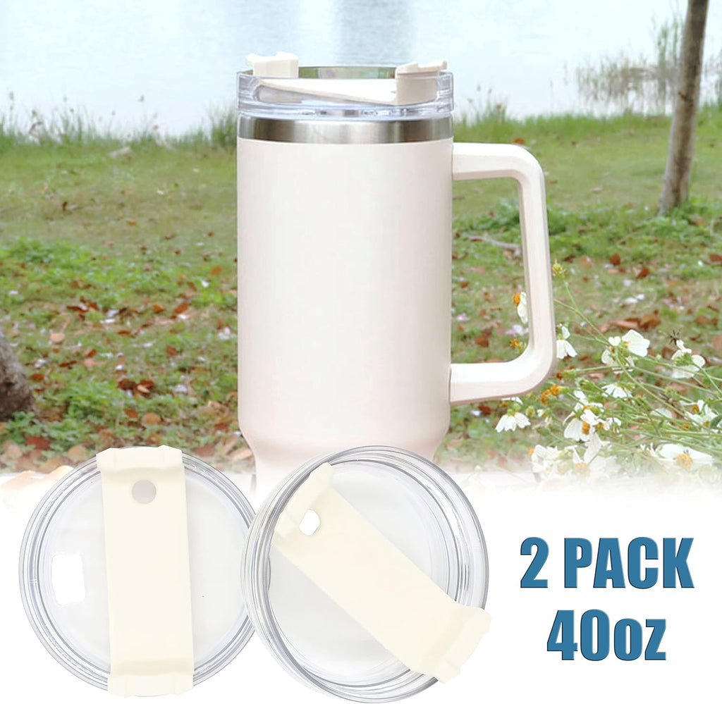 40oz Tumbler Lid Compatible with Stanley, 2 Pack Replacement with Straws and Cleaning Brush - Cream I593