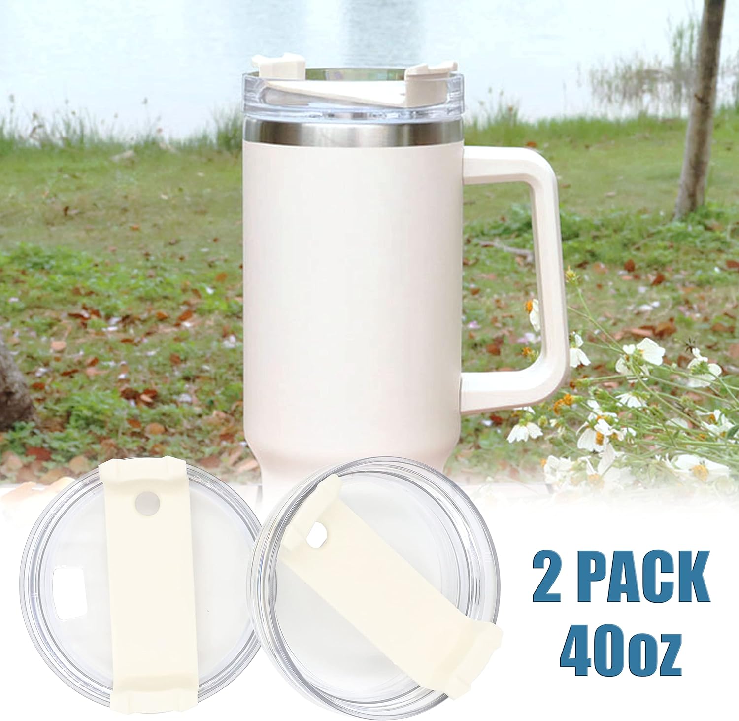 40oz Tumbler Lid Compatible with Stanley, 2 Pack Replacement with Straws and Cleaning Brush - Cream I593