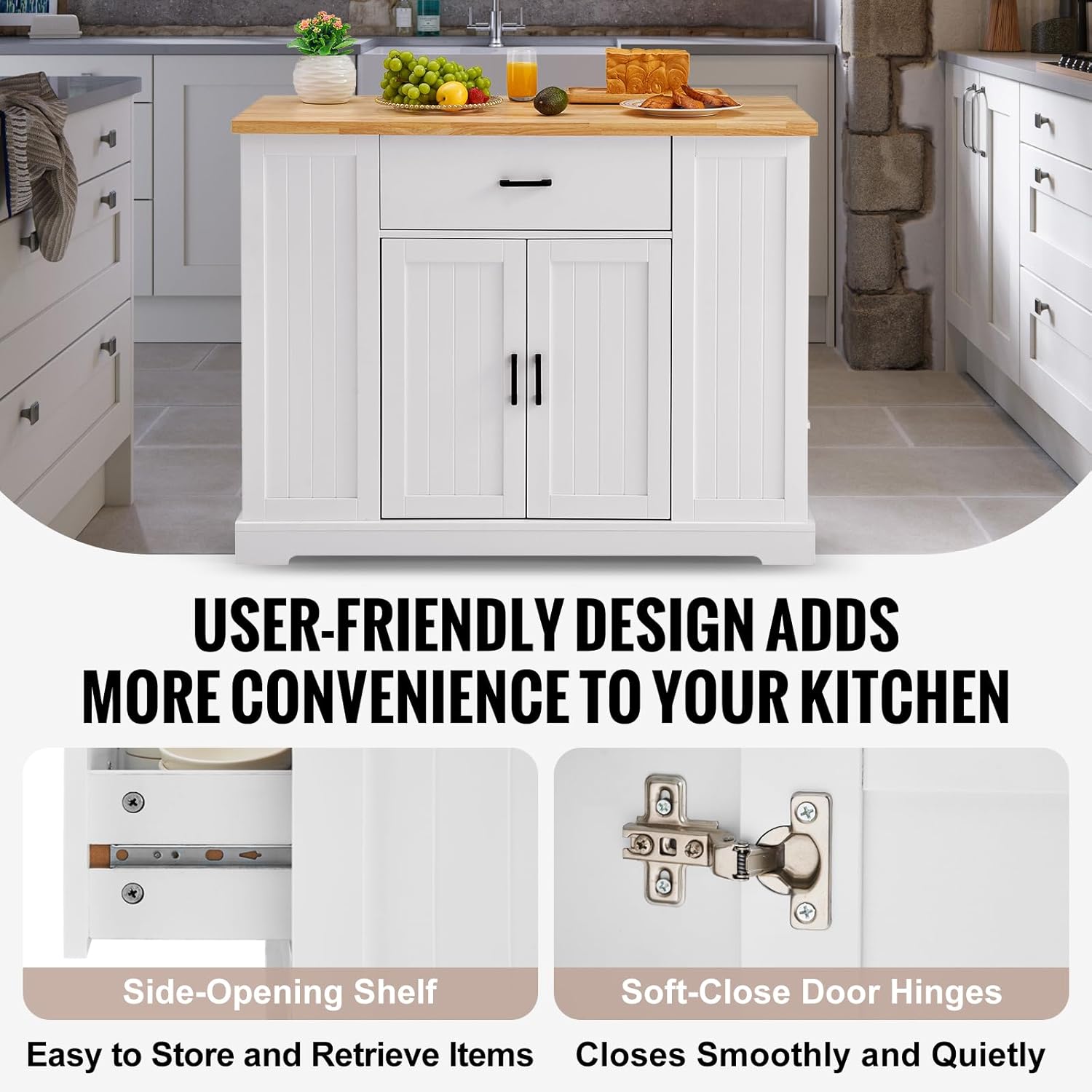 VEVOR Kitchen Island Cart 46" Wood Top Breakfast Bar with Storage Cabinet W280262