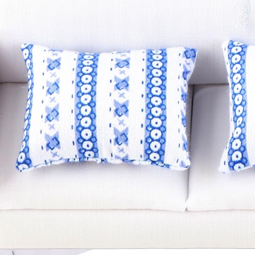 Miniature Sofa Set for 1/12 Dollhouse Living Room, Wooden 2-Seat with Blue Flower Cushion A4869