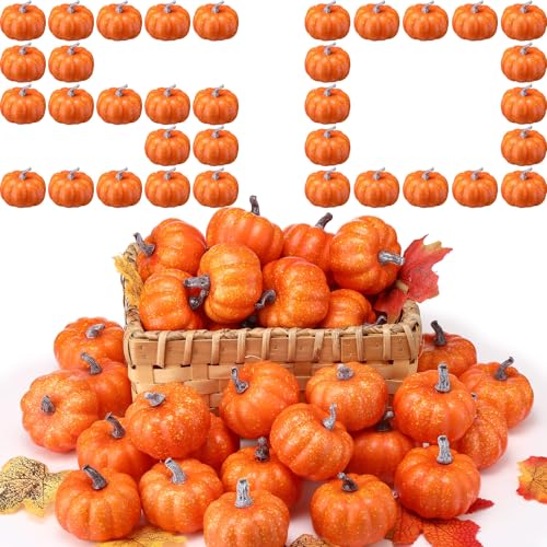 Liliful 50 Pcs 3.15 Inch Artificial Foam Pumpkins for Fall Halloween Decor D78141