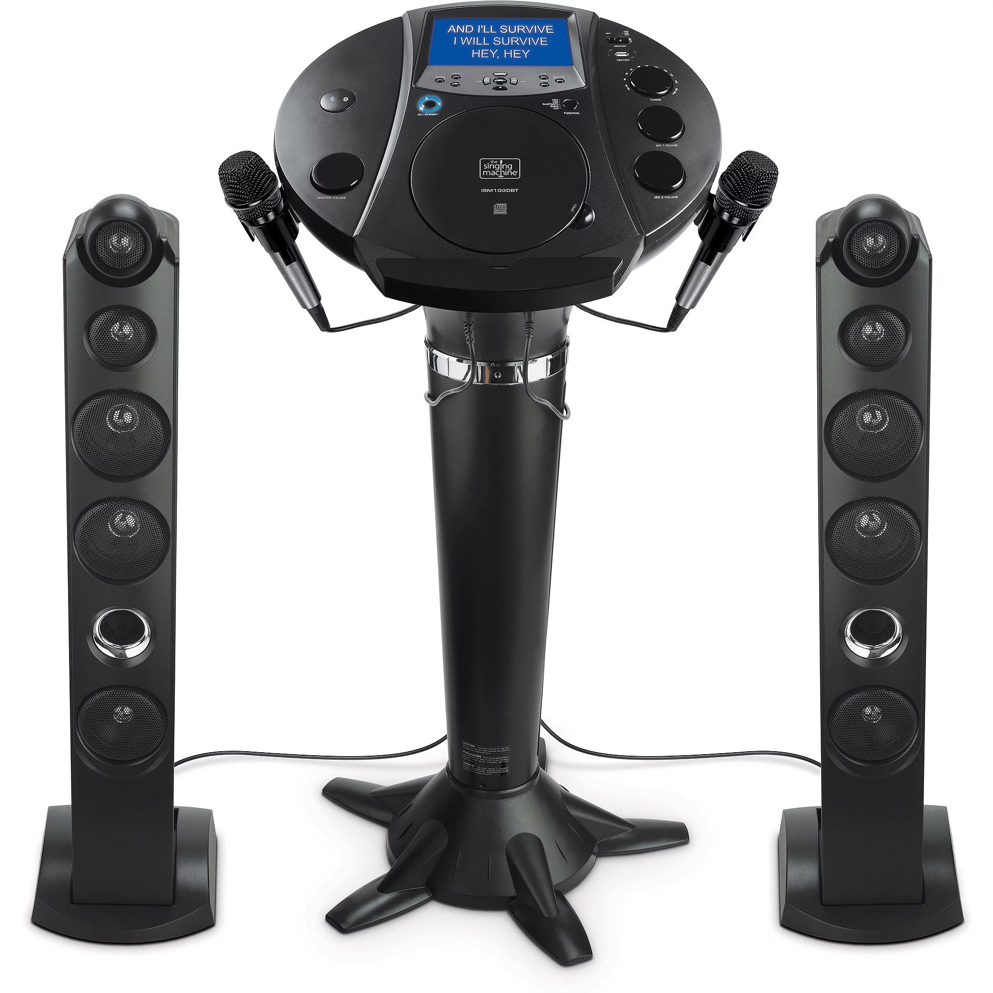 Singing Machine ISM1030BT Bluetooth Pedestal Karaoke System with Resting Tablet Cradle and 7"LCD Color Monitor and Two Microphones, Black
