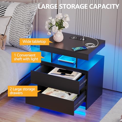 dnbss Nightstand with Wireless Charging Station, LED Lighting & Drawers, Black P995