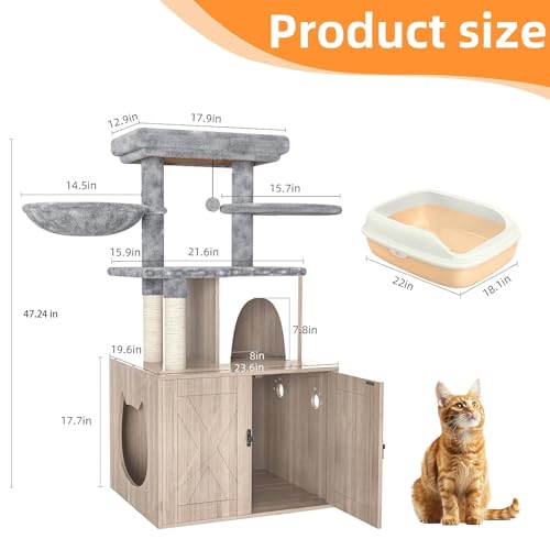 Litter Box Enclosure with Cat Tree and Scratching Post, Grey F704146