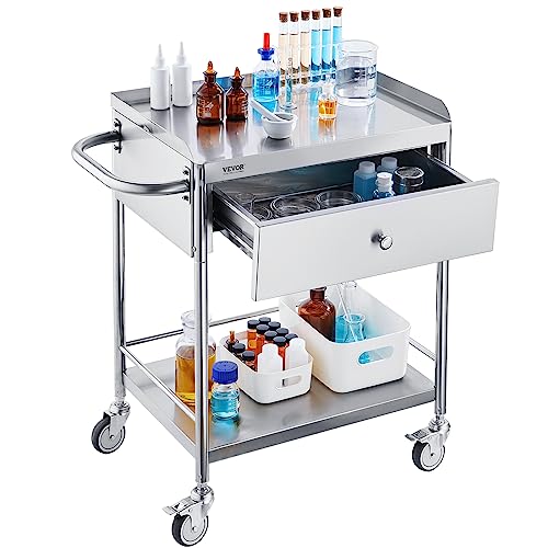 VEVOR Stainless Steel Utility Cart with Wheels, 2 Shelves 1 Drawer L420