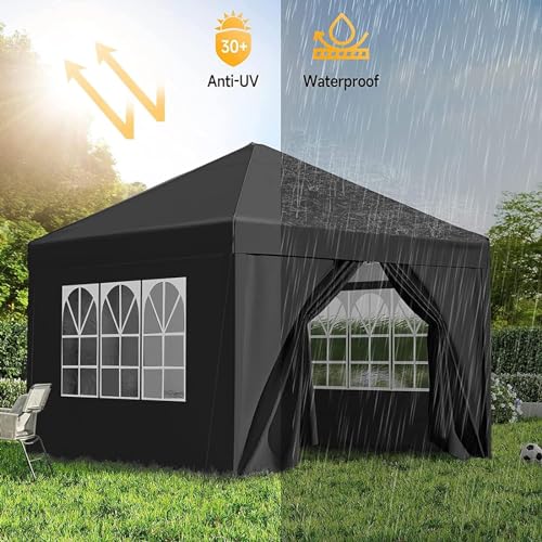 10x10 Pop Up Canopy Tent with 4 Removable Sidewalls, Waterproof, Black Q535