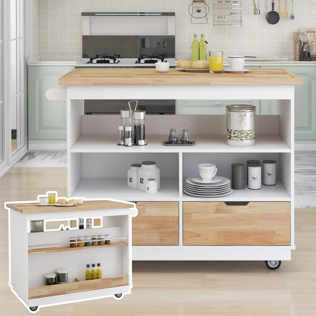 Rolling Kitchen Island Cart with Storage, Rubberwood Top, White U170114