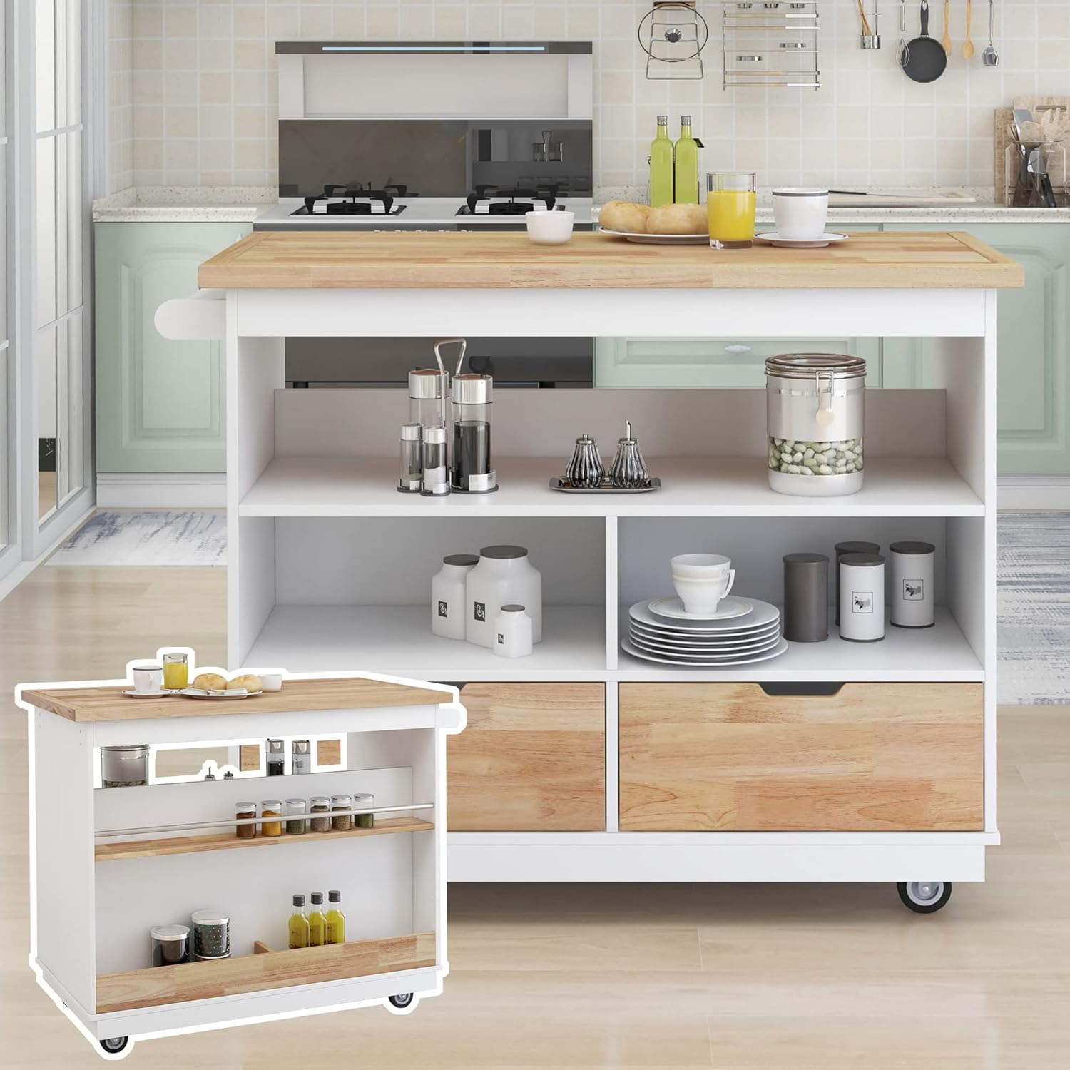 Rolling Kitchen Island Cart with Storage, Rubberwood Top, White U170114