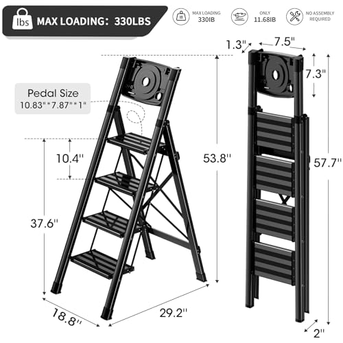 4 Step Folding Step Stool with Handgrip Anti-Slip Aluminum, 330 lbs Capacity Y6004