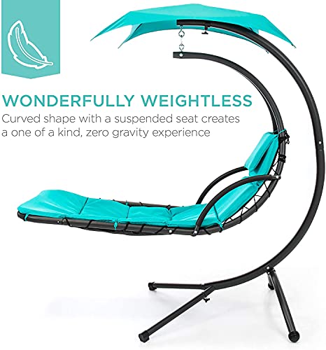 Outdoor Hanging Curved Steel Chaise Lounge Swing with Pillow and Canopy, Teal B7476
