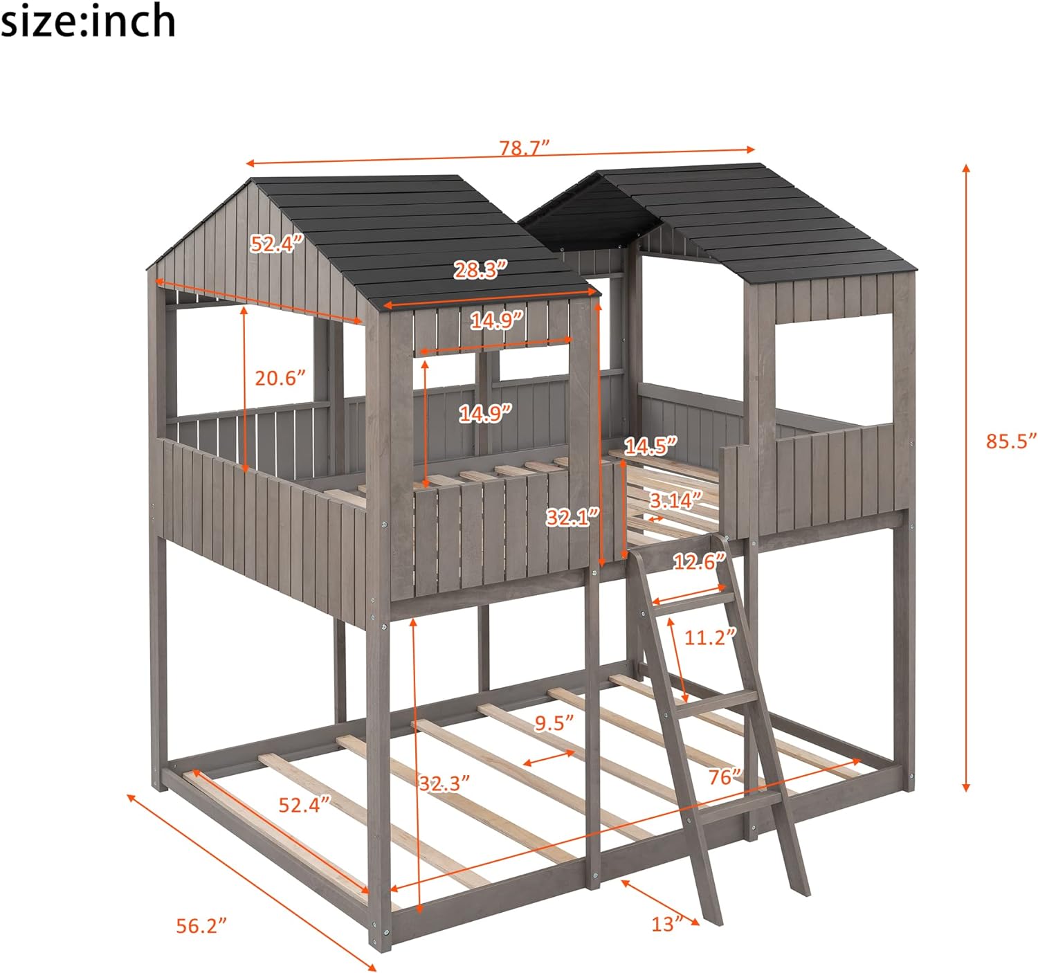 Full Over Full Wooden House Bunk Bed with Roof and Guard Rail, Antique Gray X7490