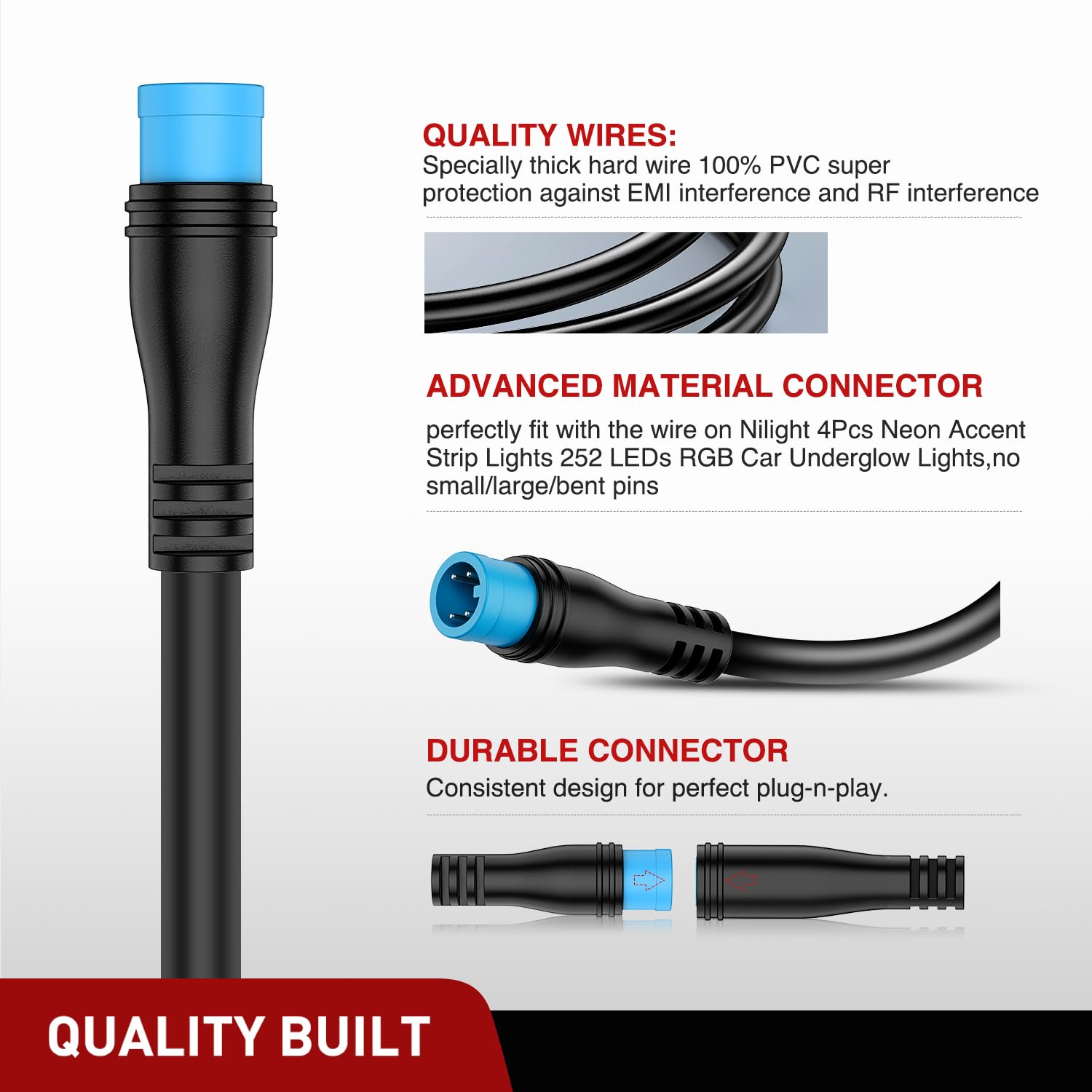Nilight 2 Pack 5FT 4 Pin Extension Cable for Car Underglow Lights A6443