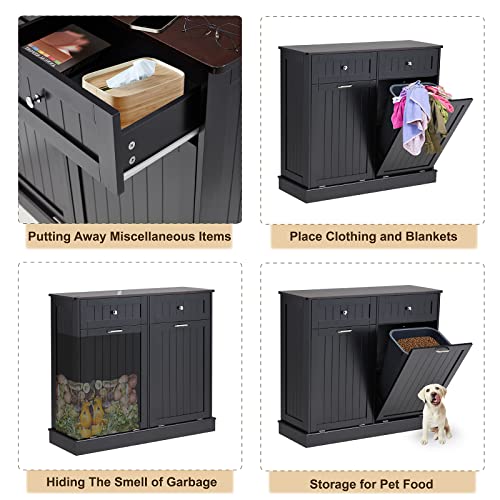 Tilt Out Trash Cabinet with Hideaway Drawer, Bamboo Cutting Board, White V636