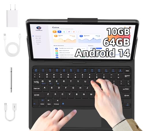 Tablet, Android 14 Tablets 64GB+10(4+6 Expand)GB 512GB Expandable, Octa-Core Tablet with WiFi, 8000mAh Battery, 10.1 inch Tablet with 800MP Camera, Tablet with Keyboard Case, Stylus, Bluetooth (Gray)