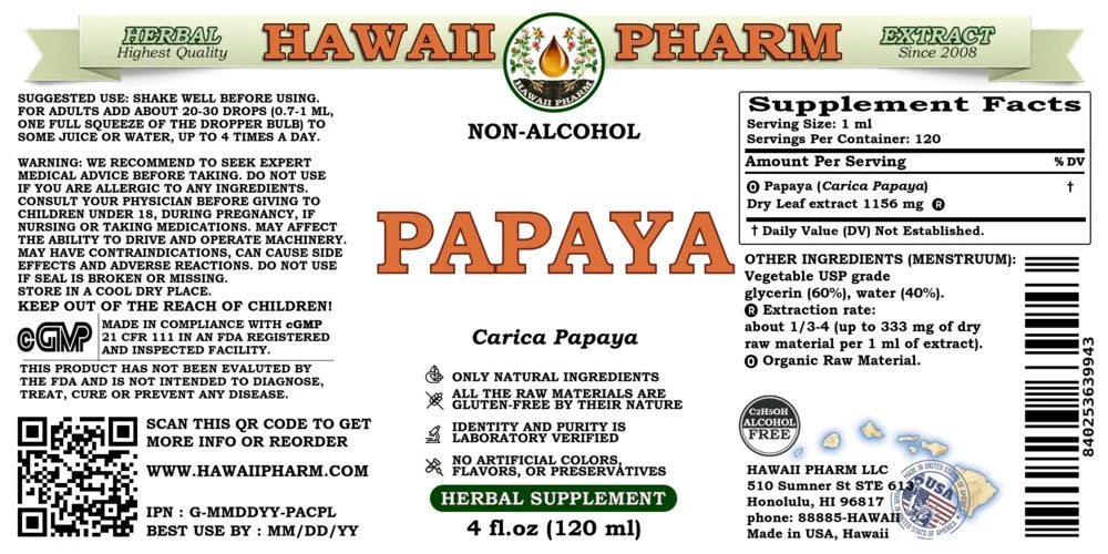 Papaya Dry Leaf Alcohol-Free Liquid Extract by HawaiiPharm, Glycerite 4 Fl Oz R12655