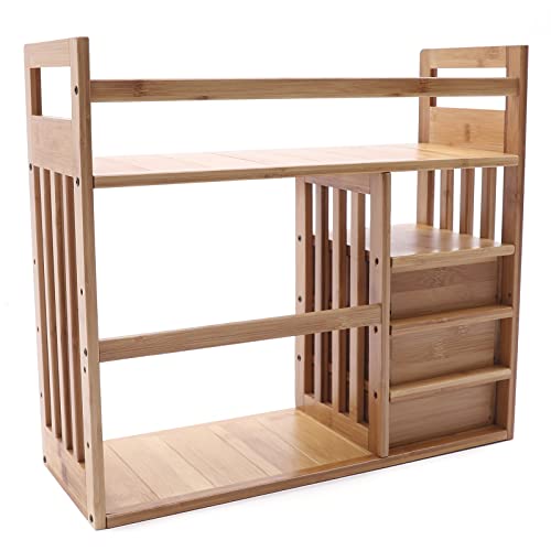 Bamboo Desktop Bookshelf with 3 Drawers, Nut-Brown B80264
