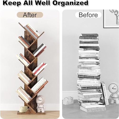 Function Home 9 Tier Tree Bookshelf, Modern Geometric Bookcase, Rustic Brown D254