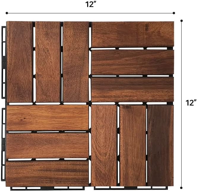 Acacia Hardwood Interlocking Deck Tiles - Walnut Grid - 12"x12" 9pcs G147