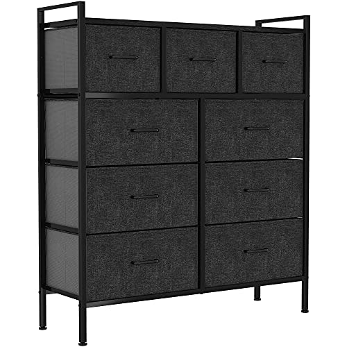 YITAHOME 9-Drawer Fabric Dresser, Furniture Storage Tower Cabinet, Organizer for Bedroom, Living Room, Hallway, Closet & Nursery, Sturdy Steel Frame, Wooden Top, Easy-to-Pull Fabric Bins(Light Grey)