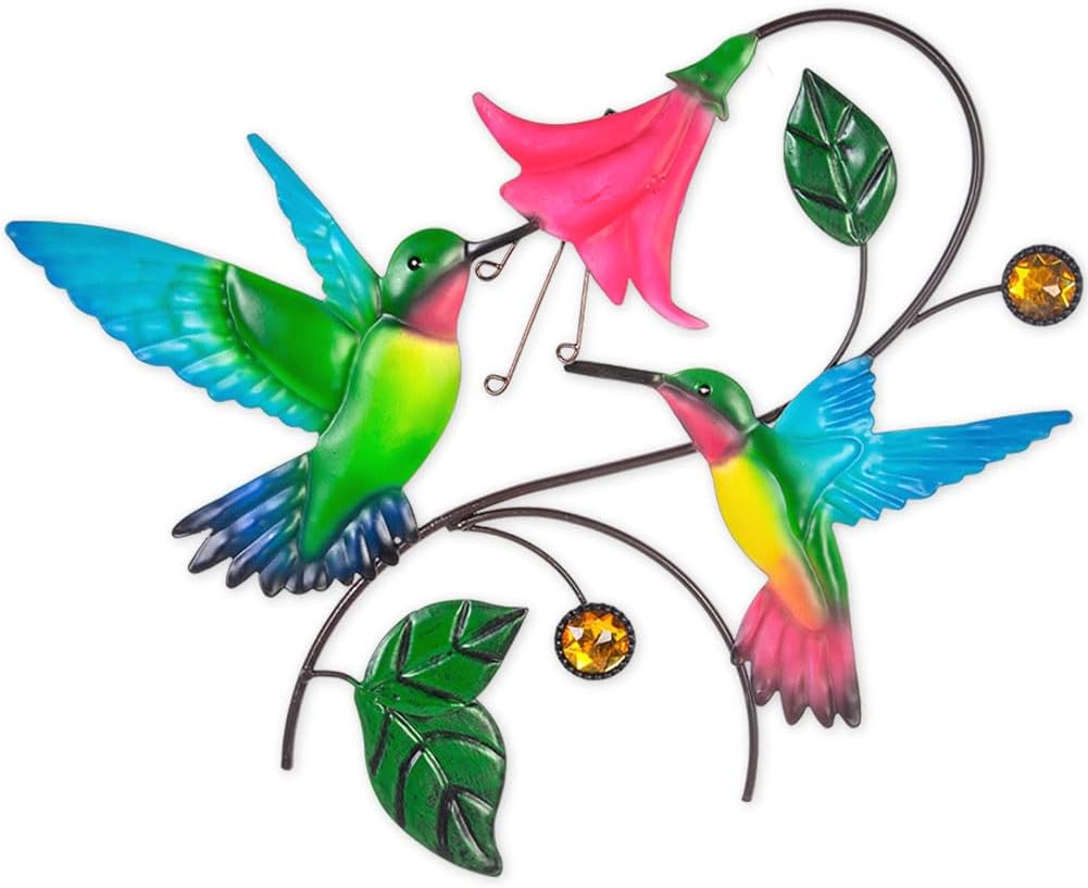 Metal Wall Art Hummingbird With Flower Decor, Metal Birds Yard Decor Outdoor Wall Art, Hanging Metal Bird Wall Decor for Living Room Home Indoor