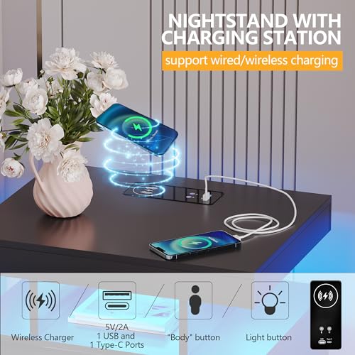 dnbss Nightstand with Wireless Charging Station, LED Lighting & Drawers, Black P995