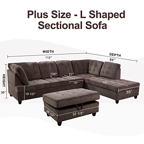Corduroy L-Shaped Sectional Sofa with Ottoman, Brown E8673