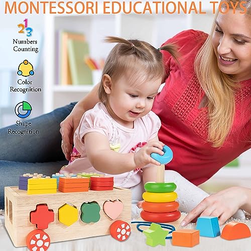 Bravmate Montessori Toys for 1 Year Old, Wooden Shape Sorter Stacking Rings, Pull Along Educational Toy J81872