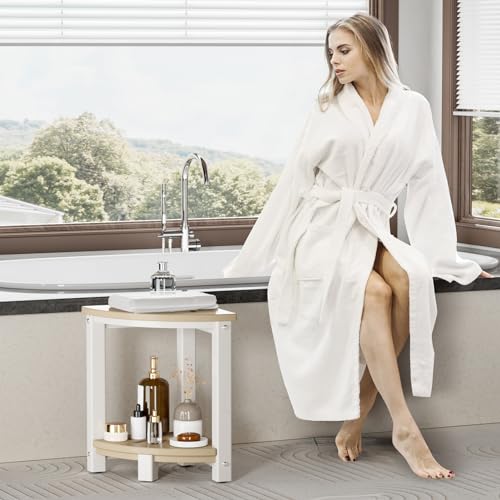 Corner Shower Stool with Storage Shelf, HDPE Waterproof Shower Bench Seat, White W9884