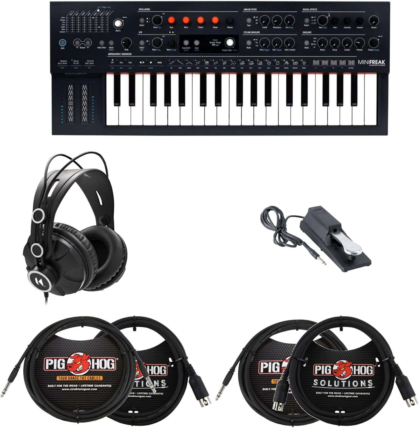 Arturia MiniFreak 37-Key Hybrid Synthesizer Bundle with Closed-Back Headphones, Sustain Pedal, MIDI and 1/4" TRS Cables (7 Items)