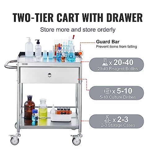 VEVOR Stainless Steel Utility Cart with Wheels, 2 Shelves 1 Drawer L420