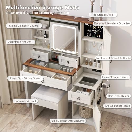 Farmhouse Vanity Desk with Mirror and Lights, Charging Station, White D264004