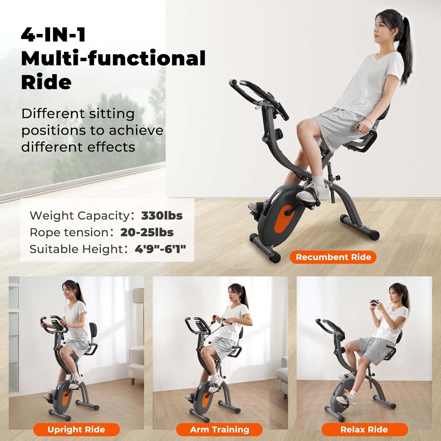Folding Exercise Bike with Arm Resistance Bands and Pulse Sensor LCD Monitor J107067