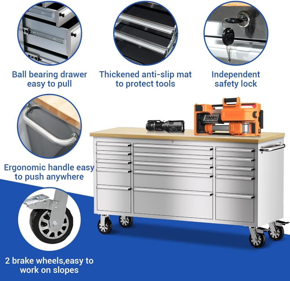 72-inch Stainless Steel Tool Chest with Wheels, 15 Drawers Rolling Cabinet Q185611