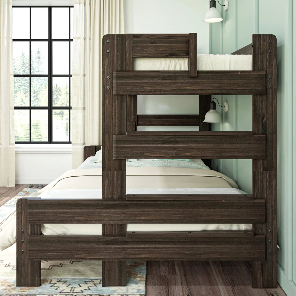 Max & Lily Bunk Bed Twin XL Over Queen Farmhouse Platform Bed Frame, Barnwood Brown A557