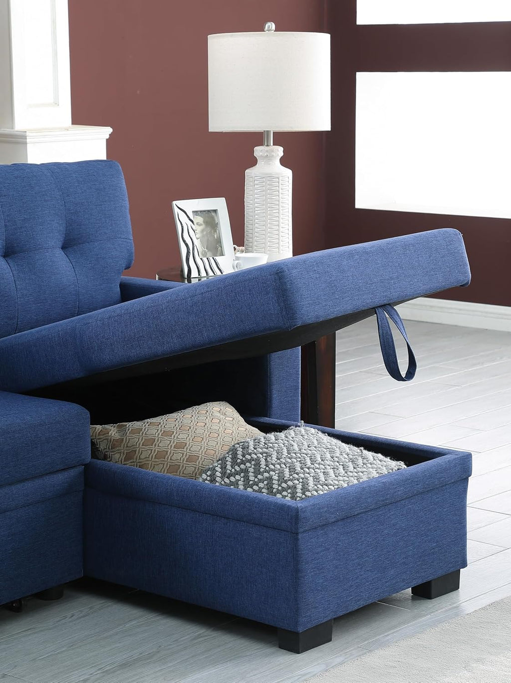 L-Shaped Sectional Sleeper Sofa with Storage Chaise and Pull-Out Bed, Blue S18057