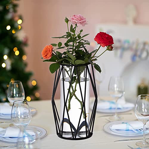 2Pcs Gold Pillar Hurricane Candle Holders with Glass and Metal Stand E76606