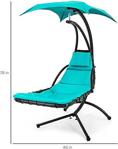 Outdoor Hanging Curved Steel Chaise Lounge Swing with Pillow and Canopy, Teal B7476